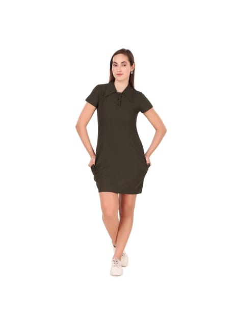 Activewear Collar Neck Dress For Women (Olive)