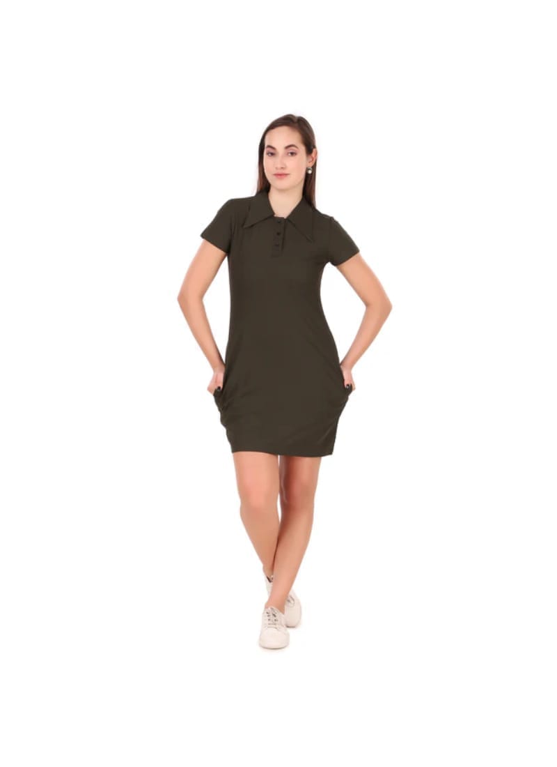 Activewear Collar Neck Dress For Women (Olive)
