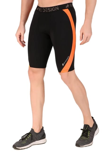 Men's Nylon DC Curve Compression Shorts and Half Tights For Men (Black/Orange)