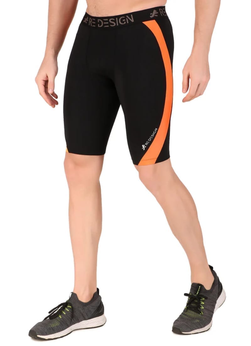 Men's Nylon DC Curve Compression Shorts and Half Tights For Men (Black/Orange)