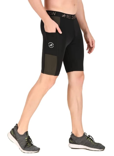 Men's Nylon DC Pocket Compression Shorts and Half Tights (Black/Green)