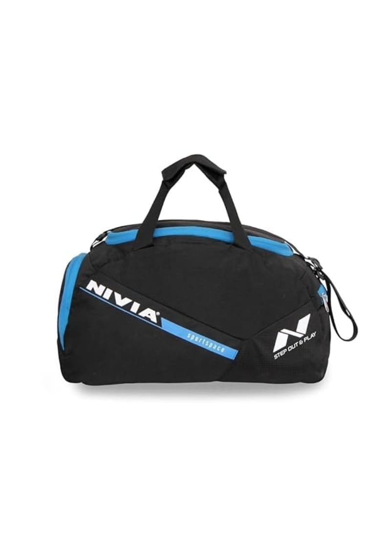 NIVIA Sports Space Polyester/Unisex Gym Bags/Adjustable Shoulder Bag for Men/Duffle Gym Bags for Men/Sports and Travel Bag/Duffle Bags Travel, Junior (Black-Sky Blue)