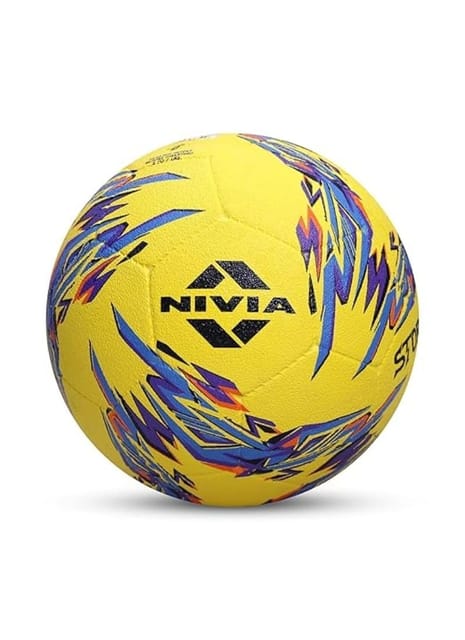 Nivia Storm 2.0 Football | Rubberized Moulded | Suitable for Hard Ground Without Grass, Wet & Grassy Ground & Artificial Turf | Training Ball | for Men/Women | Football Size - 5 (Yellow/Blue)