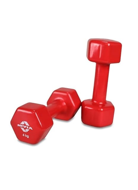 Nivia Vinyl Dumbbells for Hand Weights, Strength Training  and Gym Equipment Set of 4 Kg Dumbbells (Red)