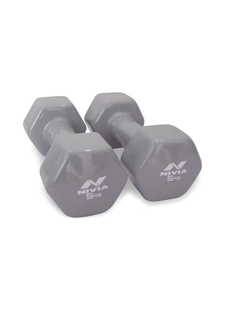 Nivia Vinyl Dumbbells for Hand Weights, Strength Training and Gym Equipment Set of 5 Kg Dumbbells (Grey)