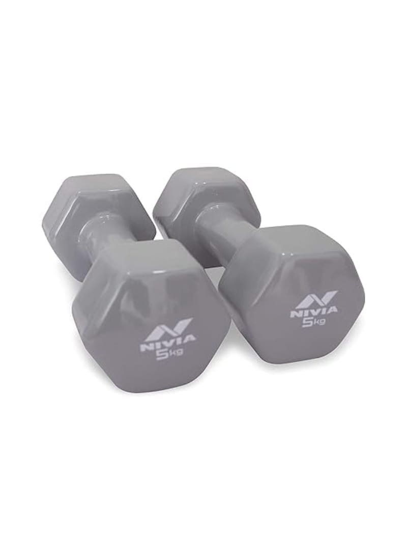 Nivia Vinyl Dumbbells for Hand Weights, Strength Training and Gym Equipment Set of 5 Kg Dumbbells (Grey)