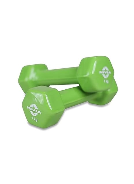 Nivia Vinyl Dumbbells for Hand Weights, Strength Training and Gym Equipment Set of 1 Kg Dumbbells (Green)