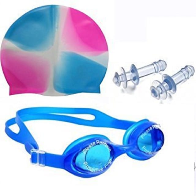 100% Silicone Anti Fog Swimming Goggles,Cap,Earplug & Noseplug Set- Ideal for All Age Group one Non Slip,Easy to Carry and Skin Friendly