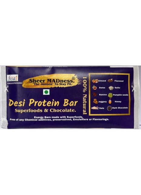 Sheer Madness Desi Protein Bar 100% Natural Each Bar 40gm (Pack Of 10)