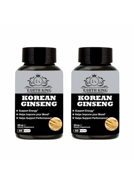 EARTH KING Korean Ginseng Capsule | Red Ginseng | Root Extract | Dietary Supplement | Strength, Stamina & Energy – 500mg 60 Capsules (Pack of 2)