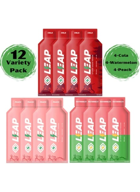 Pack of 12 Leap Energy Gel Assorted Flavors of (4-Cola-4-Peach-4-Watermelon)