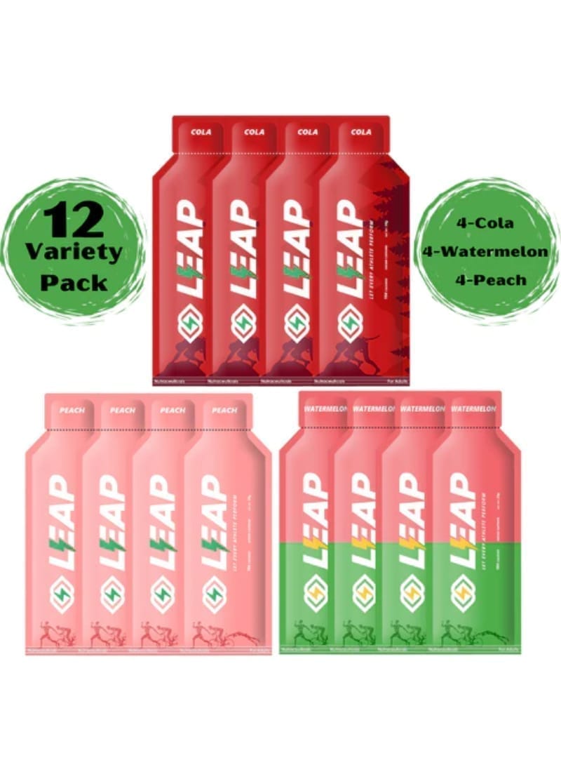 Pack of 12 Leap Energy Gel Assorted Flavors of (4-Cola-4-Peach-4-Watermelon)