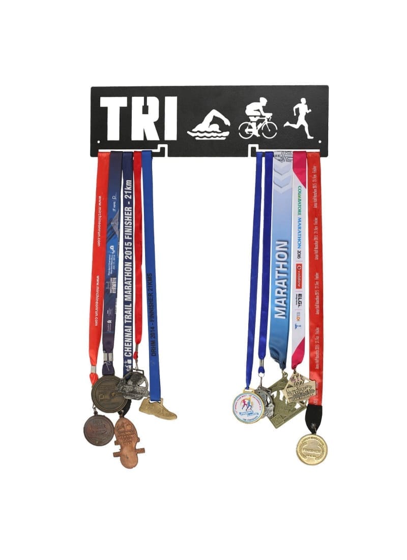 RUNWYND Tri Swim Cycle Run Medal Hanger - Black (46 cm x 15 cm)