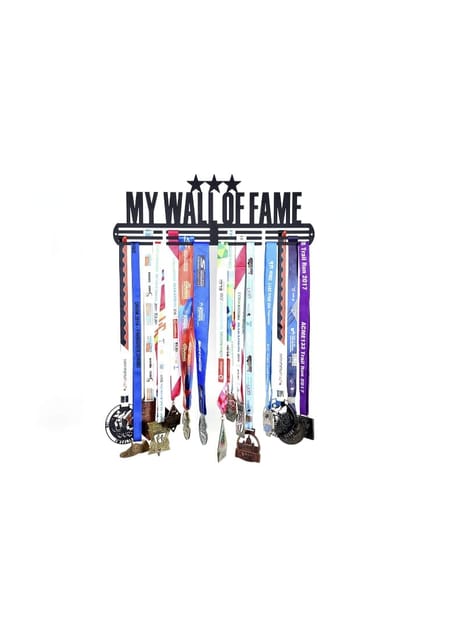 RUNWYND Wall of Fame 3 Stars Metal Medal Hanger with 3 Rows - Black (51 cm x 17 cm) | Black Matte Finish | Holds 40+ Medals