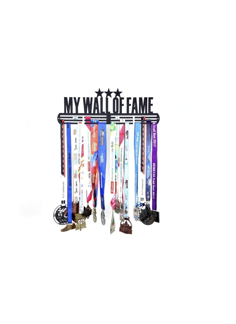 RUNWYND Wall of Fame 3 Stars Metal Medal Hanger with 3 Rows - Black (51 cm x 17 cm) | Black Matte Finish | Holds 40+ Medals