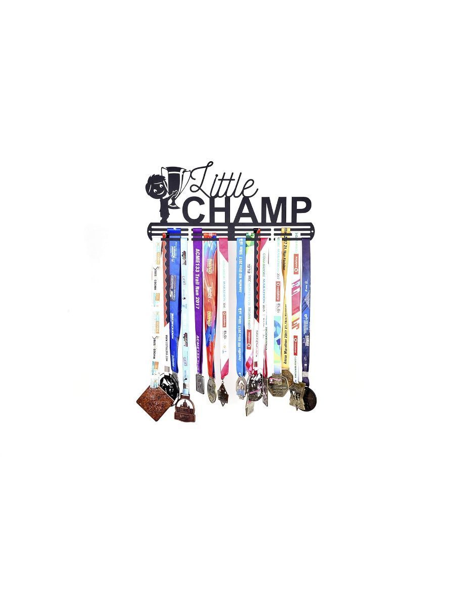 RUNWYND Little Champ Medal Hanger with 3 Rows - Italics - Black (51 cm x 23)