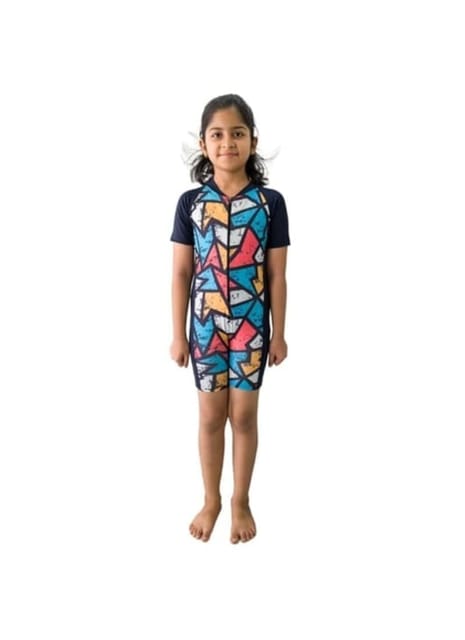 AASHRAY 4way Stretchable Geometric Digitally Printed Skin-friendly Anti-tanning Odorfree One Piece Swimsuit - Short Sleeve with Zipper for Boy's & Girls