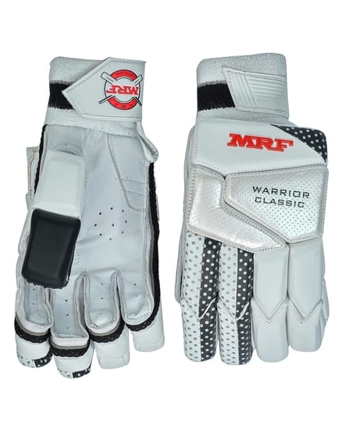 MRF Leather Batting Gloves, Sponge-Padded Spacer Mesh Back, Nylon Gusset, Sheep Leather Palm, for Cricket Matches, Tournaments, Training (White/Black, Men's-Adult, Right)