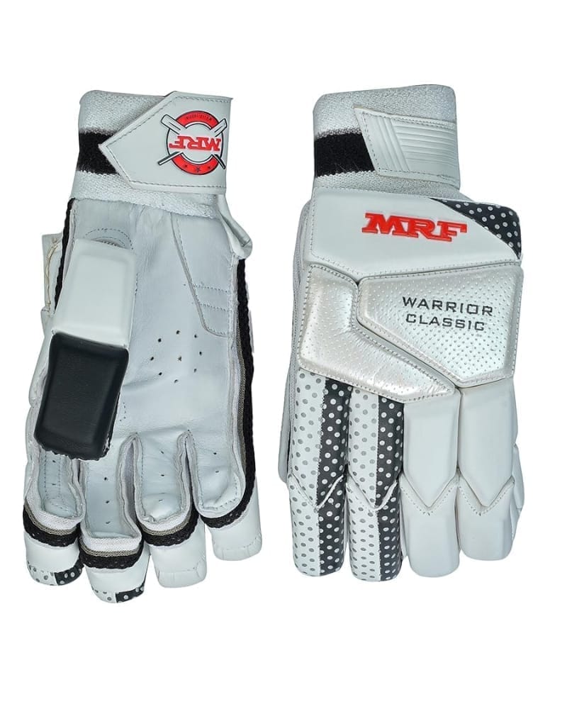 MRF Leather Batting Gloves, Sponge-Padded Spacer Mesh Back, Nylon Gusset, Sheep Leather Palm, for Cricket Matches, Tournaments, Training (White/Black, Men's-Adult, Right)
