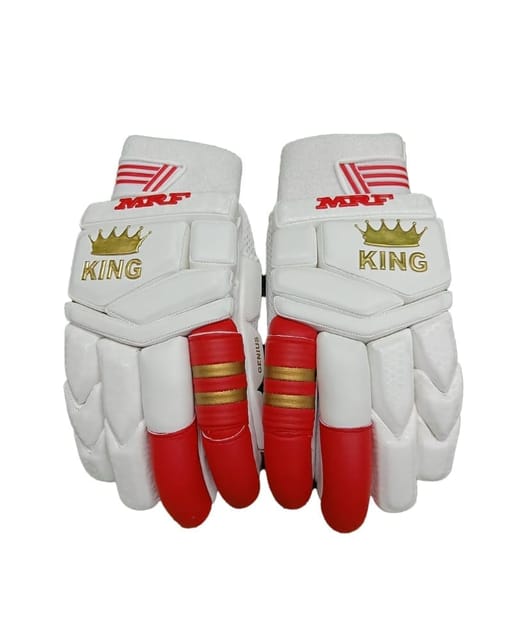 MRF Genius King Cricket Batting Gloves, Made up of Super Soft Premium English Pittard | Pre-bent Fibre in Two Front Fingers, Fibre Inserts on Top of Every Finger (White/Red, Mens, Right)