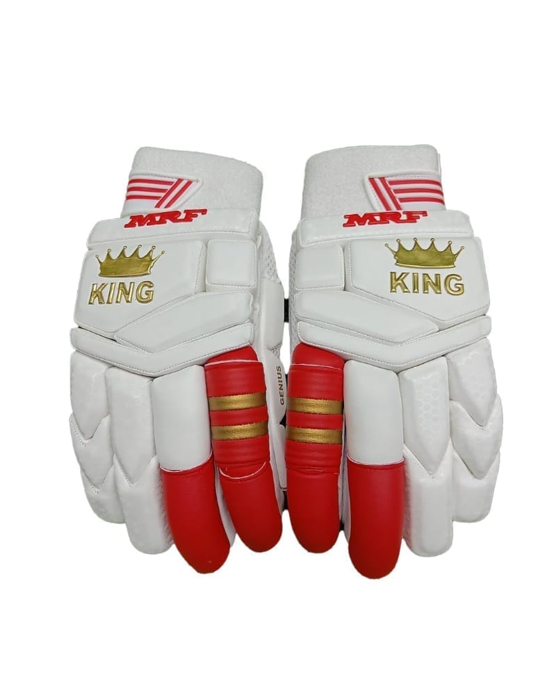 MRF Genius King Cricket Batting Gloves, Made up of Super Soft Premium English Pittard | Pre-bent Fibre in Two Front Fingers, Fibre Inserts on Top of Every Finger (White/Red, Mens, Right)