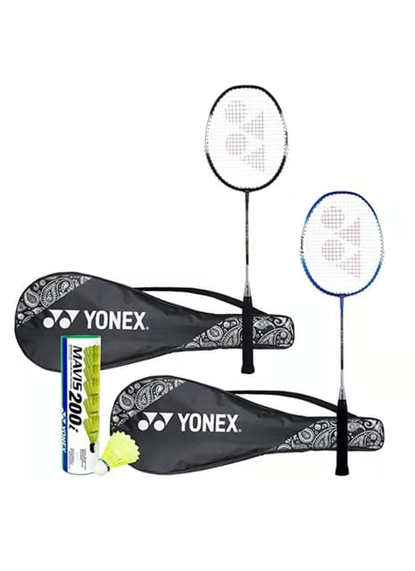 YONEX ZR 100 Set of 2 Aluminum Light Badminton Racquet with Full Cover Black-Blue, Mavis 200I Shuttlecock - Combo Pack of 6