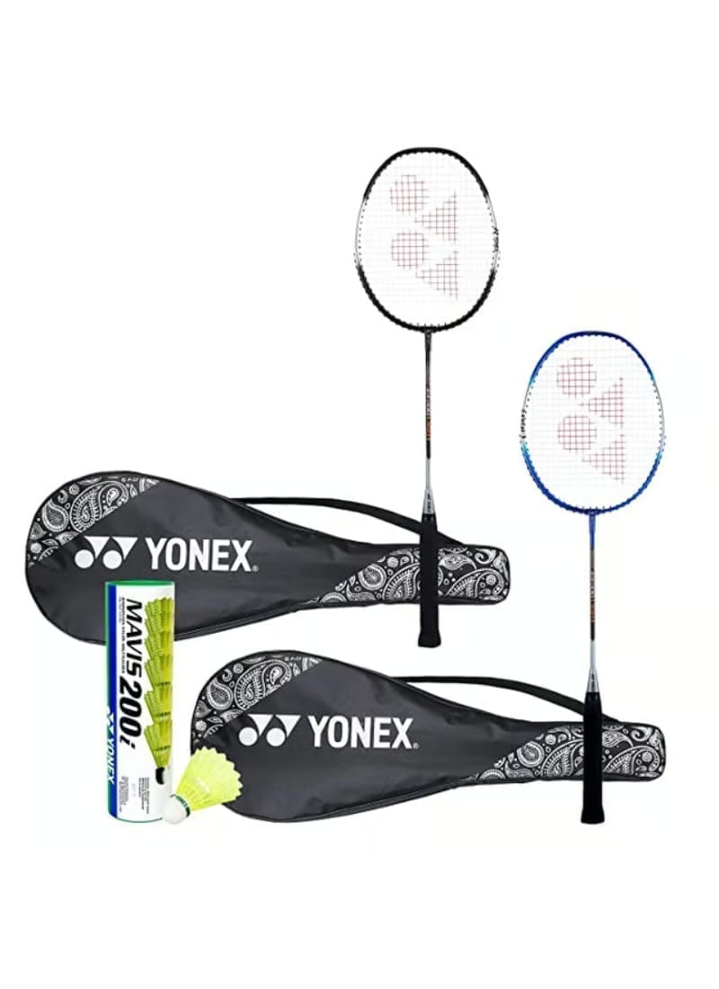 YONEX ZR 100 Set of 2 Aluminum Light Badminton Racquet with Full Cover Black-Blue, Mavis 200I Shuttlecock - Combo Pack of 6